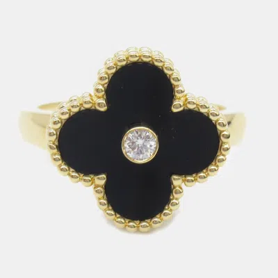 Pre-owned Van Cleef & Arpels Vintage Alhambra 18k Yellow Gold Diamond Onyx Ring Eu 50.5
