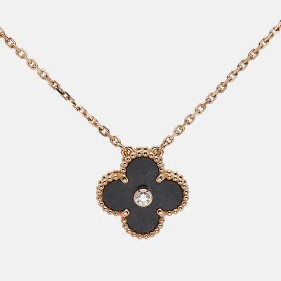 Pre-owned Van Cleef & Arpels Vintage Alhambra 2023 Holiday Limited Obsidian Diamond 18k Rose Gold Necklace