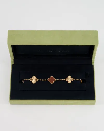 Van Cleef & Arpels Vintage Alhambra 5 Motif Bracelet In 18k Rose Gold Guilloche With Carnelain In White