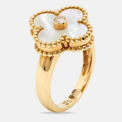 Van Cleef & Arpels Vintage Alhambra Mother Of Pearl Diamond 18k Gold Ring In Silver