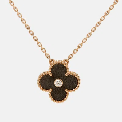 Pre-owned Van Cleef & Arpels Vintage Alhambra Obsidian Diamond 18k Rose Gold 2023 Holiday Pendant Necklace