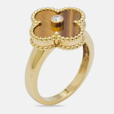 Pre-owned Van Cleef & Arpels Vintage Alhambra Tiger's Eye Diamond 18k Yellow Gold Ring Size 51