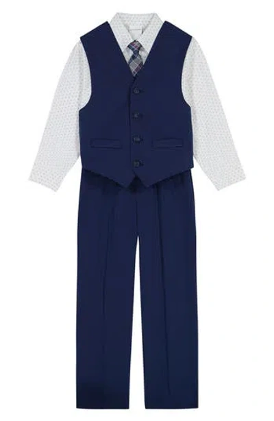 Van Heusen Kids' Diamond Texture Button-up Shirt, Vest, Tie & Pants Set In Navy