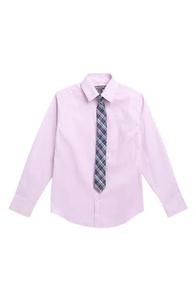 Van Heusen Kids' Herringbone Button-up Shirt & Plaid Tie In Pink