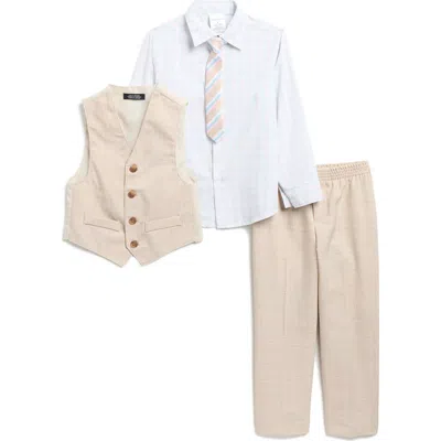 Van Heusen Kids' Plaid Button-up Shirt, Slub Texture Pants, Vest & Tie Set In Brown