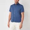 Van Heusen Performance Mens Short Sleeve Slim Fit Stretch Fabric Button-down Shirt In Blue