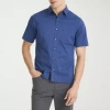 Van Heusen Stain Shield Mens Short Sleeve Slim Fit Stretch Fabric Button-down Shirt In Blue