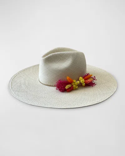 Van Palma Donna Straw Fedora With Dried Florals In Neutral