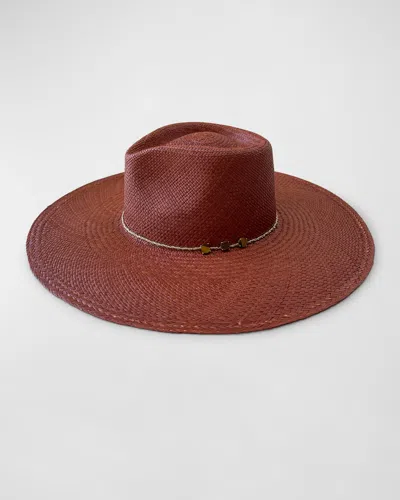 Van Palma Ella Straw Fedora With Mother Of Pearl Chain In Burgundy