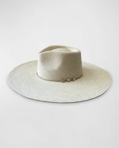 Van Palma Ella Straw Fedora With Mother Of Pearl Chain In Gray