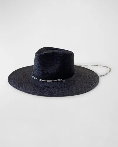 Van Palma Livy Jr Straw Fedora With Paper Clip Chain In Black