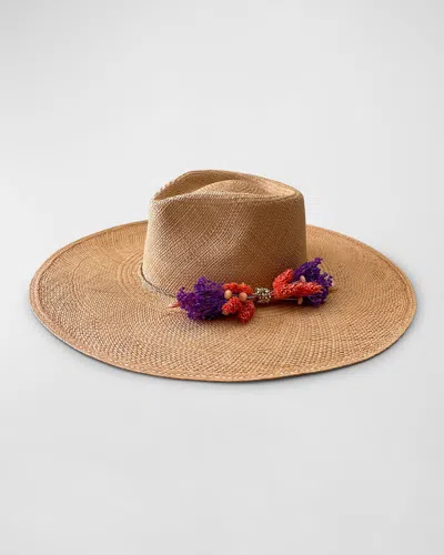 Van Palma Simone Straw Fedora With Dried Florals In Brown