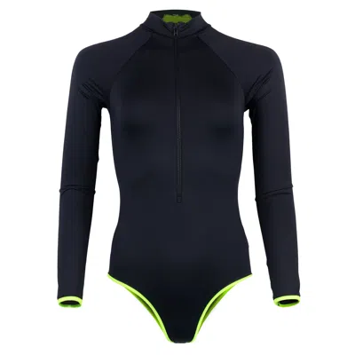 Van Women's Green / Black Metis Long Sleeve Front Zip Swimsuit - Black Neon Green In Green/black
