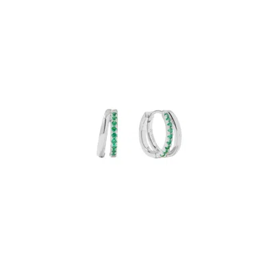 Vanchi Women's Silver / Green Kira Crystal Double Hoop Huggies In Silver/green