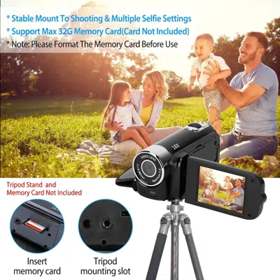 Vaneken Hd 1080p Digital Video Camcorder 2.7in 16x Zoom Dv Camera 270° Rotation Rechargeable Kid Camera W/fi In Black
