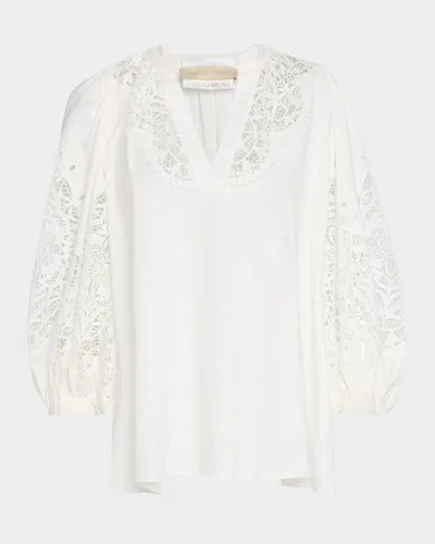 Vanessa Bruno Bell Balloon-sleeve Lace Inset Blouse In White