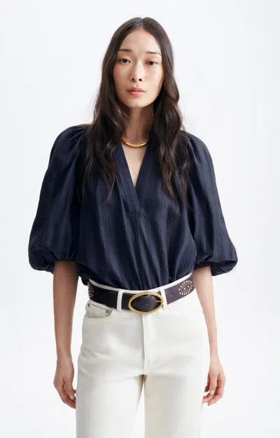 Vanessa Bruno Bell V-neck Cotton Balloon Sleeve Blouse In Blue