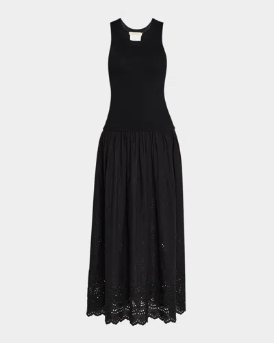 Vanessa Bruno Ennaya Sleeveless Eyelet Mixed Media Midi Dress In Noir