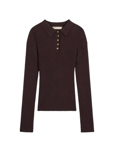 Vanessa Bruno Hoche Ribbed-knit Long-sleeve Polo Shirt In Brown