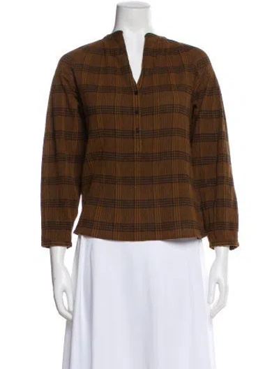 Pre-owned Vanessa Bruno Plaid Print V-neck Blouse In Brown