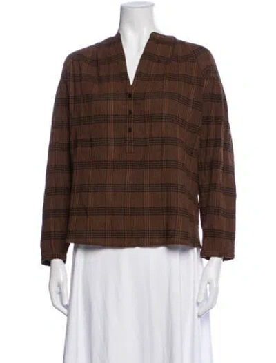 Pre-owned Vanessa Bruno Plaid Print V-neck Blouse In Brown
