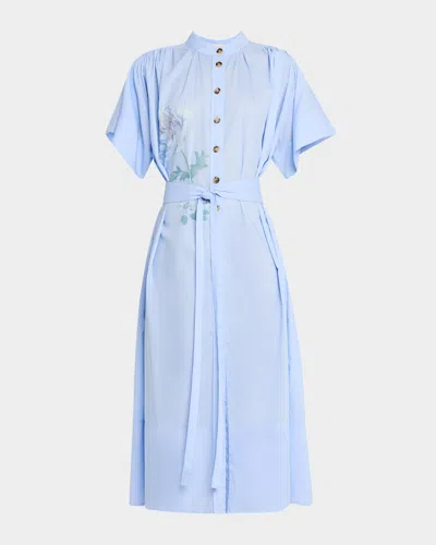 Vanessa Bruno Ruched Floral-print Midi Shirtdress In Glacial