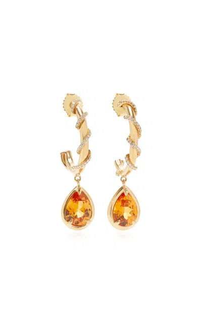 Vanessa Fernández 18k Yellow Gold Diamond Curva Wrap Hoops With Mandarin Garnet Pear-shape Drops In Orange