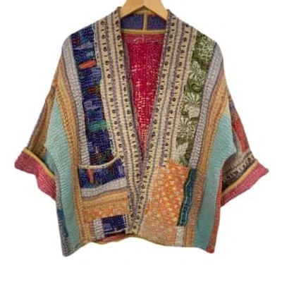 Vani Kantha Jacket Reversable Vintage Fabric Kantha Blue Block In Multi