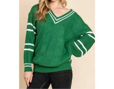 Vanilla Bay Women's V Neck Striped Border Knit Sweater In Green