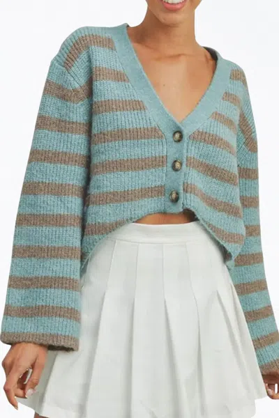 Vanilla Monkey Cropped High-low Striped Cardigan In Sky Blue/grey In Green