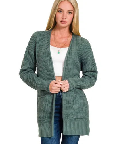 Vanilla Monkey Cuddle Up Waffle Open Cardigan Sweater In Ash Jade In Green