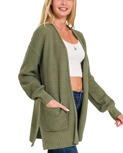 Vanilla Monkey Cuddle Up Waffle Open Cardigan Sweater In Light Olive In Green