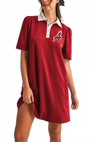 Vanilla Monkey Game Day Lettering Patch Puff Sleeve Knit Mini Dress In Crimson In Red