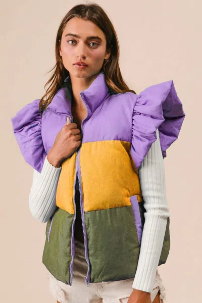 Vanilla Monkey Mardi Gras Block Puffer Vest In Purple Mustard Olive In Multi