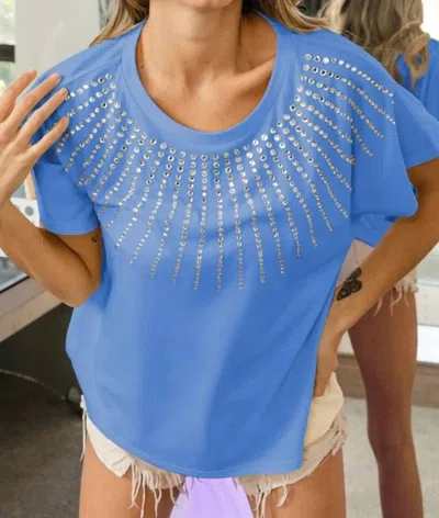Vanilla Monkey Rhinestone Beaded Short Sleeve Top In Cornflower Blue