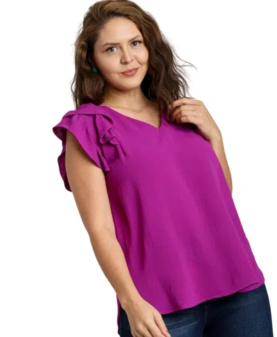 Vanilla Monkey V-neck Double Layered Flutter Sleeve Blouse - Plus In Purple