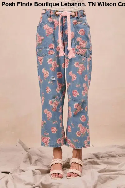 Vanilla Monkey Women's Braided Waist Belt Patch Pocket Floral Denim Pants In Blue