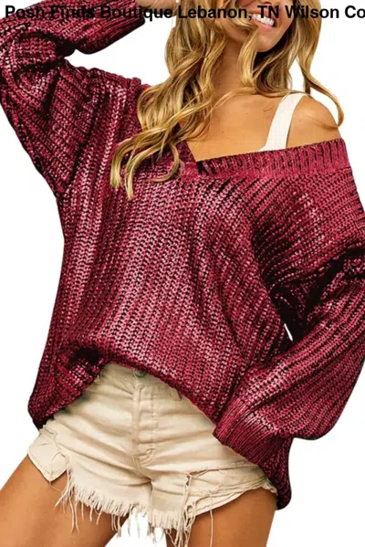 Vanilla Monkey Women's Knit V Neck Open Sweater In Red Metallic