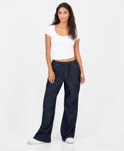 Vanilla Star Juniors' Striped Wide-leg Pull-on Jeans In Rinse Stripe