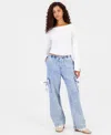 Vanilla Star Juniors' Wide-leg Pull-on Cargo Jeans In Apollo