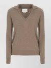 Vanisé Cashmere Sweater With Ribbed Cuffs And V Neckline In Neutral