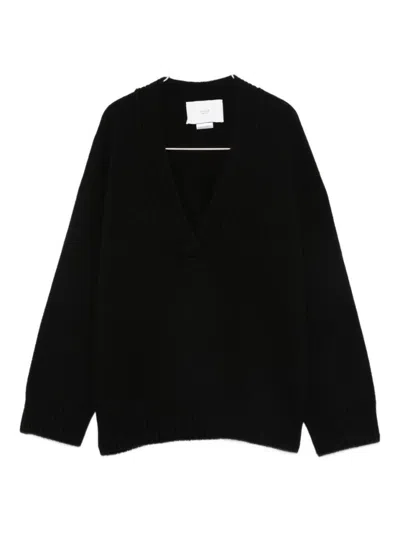 VANISÉ DEEP V-NECK BLACK SWEATER WITH RIBBED DETAILS
