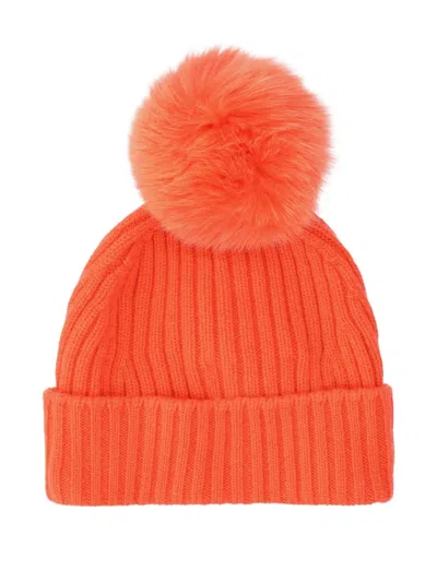 Vanisé Ribbed Fur-pompom Beanie In Orange