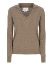 Vanisé Cashmere Sweater With Ribbed Cuffs And V Neckline In Brown