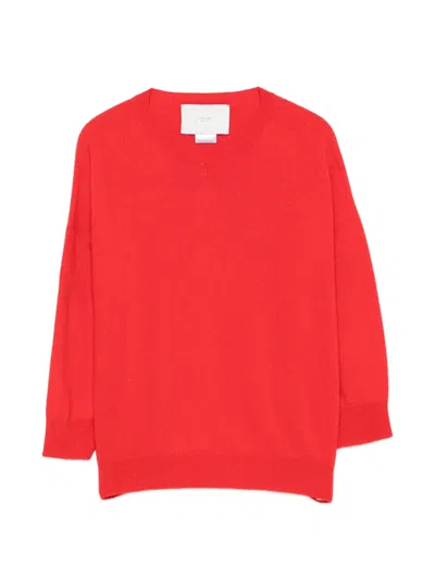 Vanisé V-neck Three-quarter-sleeve Sweater In Red
