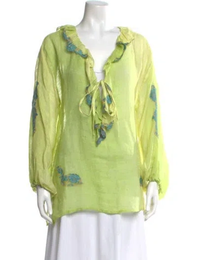 Pre-owned Vanita Rosa Linen Floral Print Blouse In Green