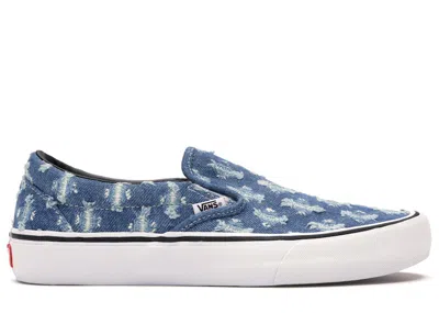 Pre-owned Vans Men's  Slipon Supreme Hole Punch Denim Sneakers In Blue/white In Multi