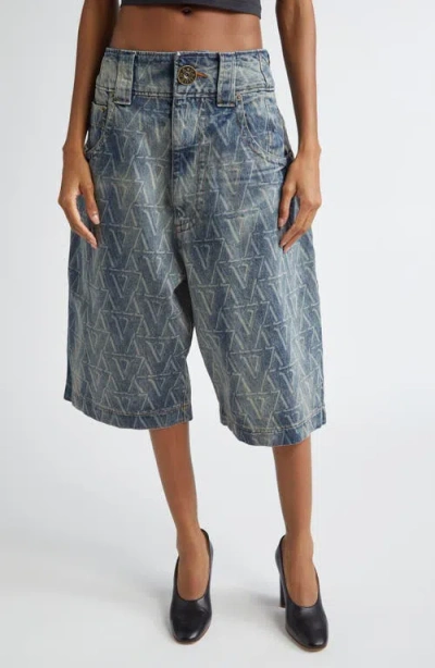 Vaquera Baby Oversize Monogram High Waist Wide Leg Denim Shorts In Blue