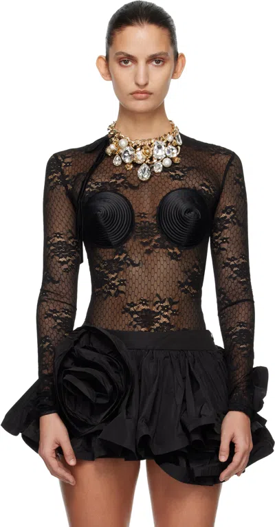 Vaquera Lace Bullet Bra Round Neck Bodysuit In Black