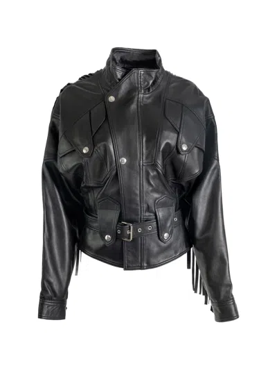 Vaquera Fringe-trimmed Belted Leather Jacket In Black